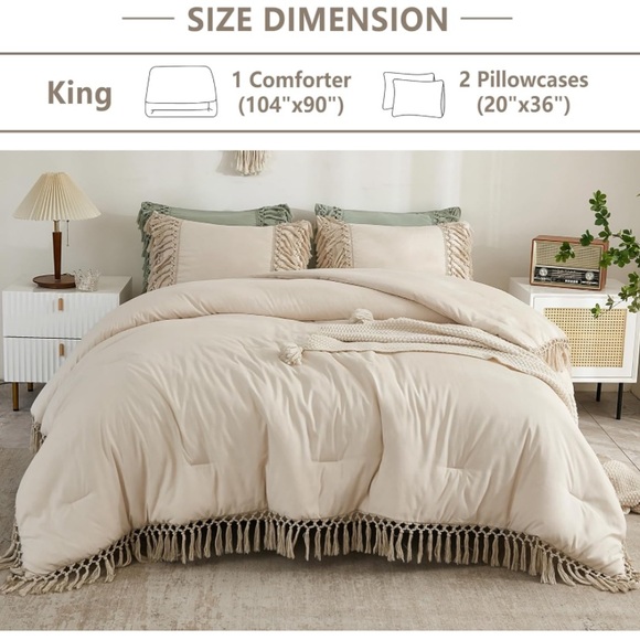 Beige tassel fringe comforter set queen full king 3 pcs boho bohemian - Picture 8 of 8